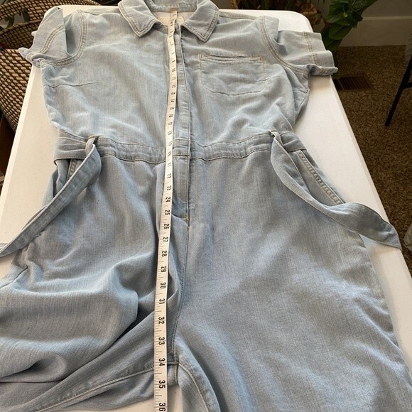 Ella Moss Belted Denim Short Sleeve Cropped Wide Leg Jumpsuit Relaxed Fit - Picture 14 of 16
